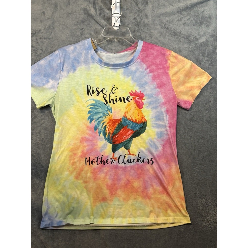 Rise and Shine Mother Cluckers Tie-Dye Rooster Graphic T-Shirt Women Large